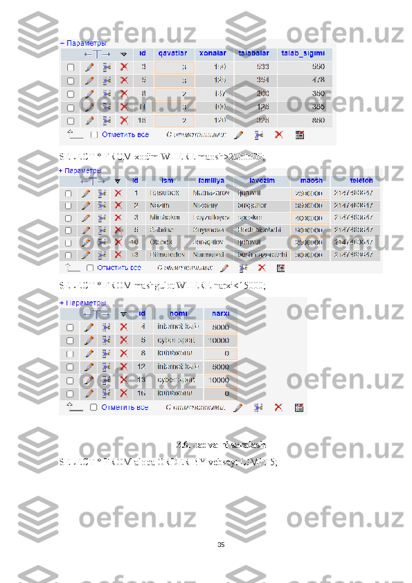 SELECT * FROM xodim WHERE maosh>2000000;
SELECT * FROM mashgulot WHERE narxi<15000;
3.6. Jadvalni saralash
SELECT * FROM aloqa ORDER BY vebsayt LIMIT 5;
35 