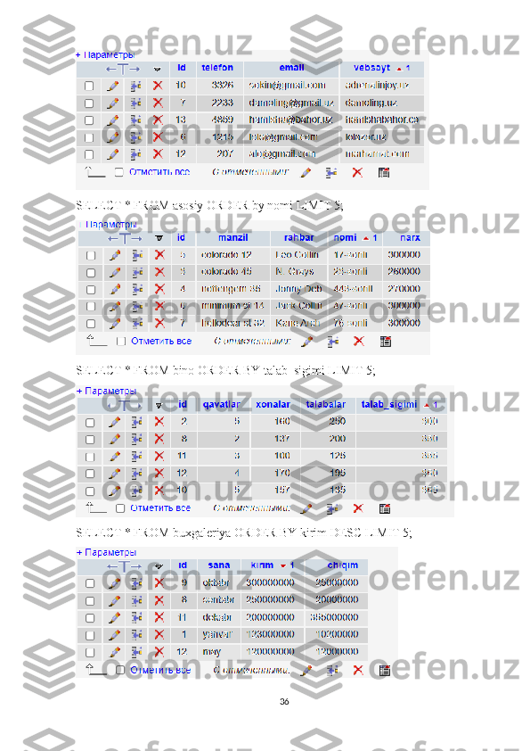 SELECT * FROM asosiy ORDER by nomi LIMIT 5; 
SELECT * FROM bino ORDER BY talab_sigimi LIMIT 5; 
SELECT * FROM buxgaleriya ORDER BY kirim DESC LIMIT 5; 
36 