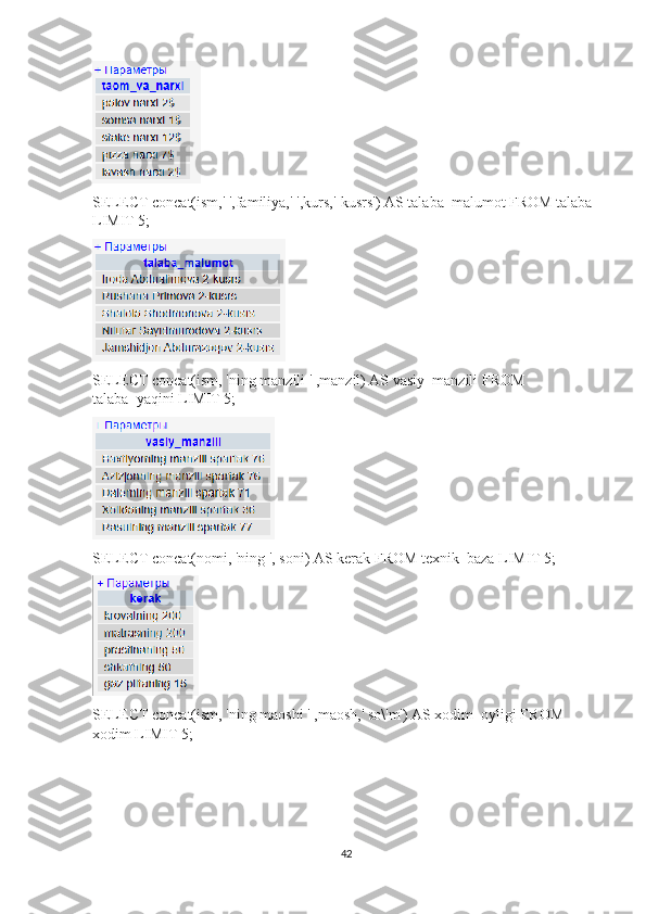 SELECT concat(ism,' ',familiya,' ',kurs,'-kusrs') AS talaba_malumot FROM talaba 
LIMIT 5; 
SELECT concat(ism, 'ning manzili ' ,manzil) AS vasiy_manzili FROM 
talaba_yaqini LIMIT 5; 
SELECT concat(nomi, 'ning ', soni) AS kerak FROM texnik_baza LIMIT 5; 
SELECT concat(ism, 'ning maoshi ' ,maosh,' so\'m') AS xodim_oyligi FROM 
xodim LIMIT 5; 
42 