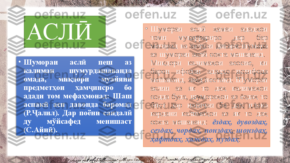 АСЛӢ
•
Шумораи  асл   пеш  аз 	
ӣ
калимаи  шумурдашаванда 
омада,  миқдори  муайяни 
предметҳои  ҳам инсро  бо 	
ҷ
адади  том  мефаҳмонад:  Шаш 
аспак   асп  давонда  баромад 	
ӣ
(Р. алил).  Дар  поёни  сандал  	
Ҷ ӣ
ду  мўйсафед  менишаст 
(С.Айн ).	
ӣ •
Шумораи  асл   ҳамаи  ададҳои 	
ӣ
томи  муқаррариро  дар  бар 
мегирад  ва  хелҳои  дигари  шумора 
аз  шумораи  асл   сохта  мешаванд.   
ӣ
Миқдори  калимаҳои  асосие,  ки 
барои  ифодаи  ададҳо  истифода 
мешаванд, зиёд нестанд. Шумораи 
аслии  аз  як  то  даҳ  калимаҳои 
содда  буда,  шумораҳои  аз  ёздаҳ  то 
бист  дар  нати аи  ба  даҳ  илова 
ҷ
кардани  калимаҳои  аз  як  то  даҳ 
сохта  мешаванд:  ёздаҳ,  дувоздаҳ, 
сездаҳ,  чордаҳ,  понздаҳ,  шонздаҳ, 
ҳафтдаҳ, ҳаждаҳ, нуздаҳ .  