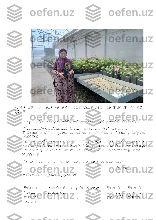 4.   BIR   OMILLI   TAJRIBALARNI   DOSPEXOV   USULIDA   STATISTIK   TAXLIL
QILISH 
    
 Bir yillik ekinlar bo‘yicha tajriba ma’lumotlarini quyidagi tartibda olib boriladi;
1) tajriba bo‘yicha o‘rtachadan farqlarning kvadratlari yig‘indisi topiladi;
2) dispersion tahlilning jadvali  tuziladi  va nolinchi  gipotiza    F -kreteriy   bo‘yicha
tekshiriladi. 
Agar F
f > F
t  bo‘lsa xususiy farqlar muhitining darajasi aniqlanadi va NSR
05   asosida
guruhlarga bo‘linadi.   Agar F
f < F
t   va N
o   inkor etilmasa, unda o‘rtachalar orasidagi
farq   tasodifiy   og‘ishlar   chegarasida   aniqlanadi.   Bunda   faqat   tajribaning   hatosi   S
x
hisoblanadi.
Dispersion tahlil uchun hisoblash jadvali quyidagi shaklda tuziladi.
                                                                                                        2 -jadval
Ma’lumotlarning jadvalda joylashuvi
Variantlar
(navlar,
etishtirish
usullari) Takrorlanishlar bo‘yicha
ko‘rsatgichlar  Kuzatuvlar
soni,  n Variantlar
bo‘yicha
yig‘indi,  V Variantlar
bo‘yicha
o‘rtacha
1 2 ... N 