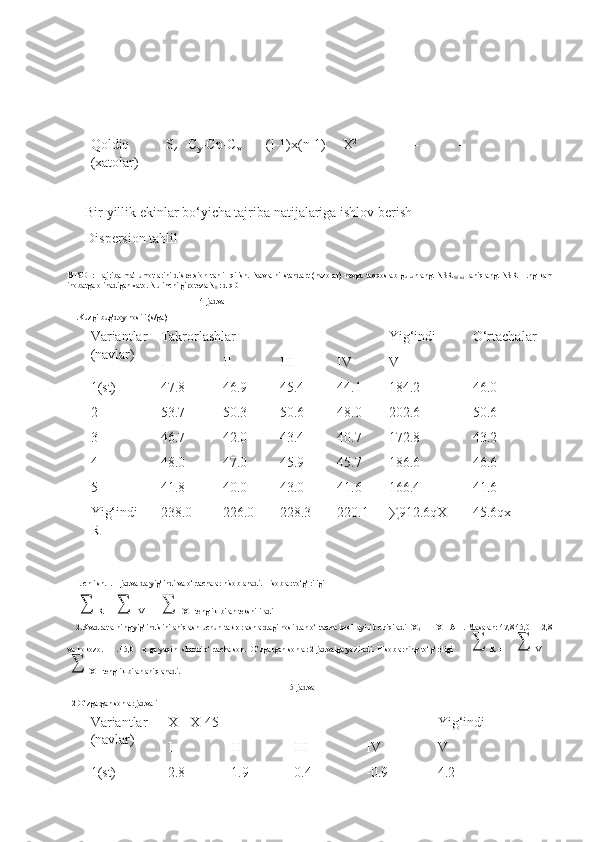 Qoldiq   S
z
(xatolar) C
y - Cp - C
v ( l -1) x ( n -1) X 2
- -
Bir  yillik ekinlar bo‘yicha tajriba natijalariga ishlov berish
Dispersion tahlil
MISOL:   Tajriba   ma’lumotlarini   dispersion   tahlil   qilish.   Navlarni   standart   (nazorat)   navga   taqqoslab   guruhlang.   NSR
05   ni     aniqlang.   NSR-   Eng   kam
inobatga olinadigan xato. Nulinchi gipoteza N
0  : d q 0
                                                                4-jadval
1.Kuzgi bug‘doy hosili (s/ga)
Variantlar
(navlar) Takrorlashlar Yig‘indi
V O‘rtachalar  
I II III IV
1 (st) 47.8 46.9 45.4 44.1 184.2 46.0
2 53.7 50.3 50.6 48.0 202.6 50.6
3 46.7 42.0 43.4 40.7 172.8 43.2
4 48.0 47.0 45.9 45.7 186.6 46.6
5 41.8 40.0 43.0 41.6 166.4 41.6
Yig‘indi
R 238.0 226.0 228.3 220.1 ∑ 912.6qX 45.6qx
E ch i sh.1. 1-jadvalda yig‘indi va o‘rtachalar hisoblanadi. Hisoblar to‘g‘riligi∑
R=   	∑  V   =  	∑  X    tenglik bilan tekshiriladi
2.Kvadratlarning yig‘indisini aniqlash uchun takrorlashlardagi hosildan o‘rtacha hosil ayirib chiqiladi   X
1        =   X - A     . Masalan: 47,8-45,0 =   2,8
va hokozo.         . 45,0     x ga yaqin   shartli o‘rtacha son.   O‘zgargan sonlar 2-jadvalga yoziladi. Hisoblarning to‘g‘riligi           	
∑ R =       	∑ V     =	
∑
X    tenglik bilan aniqlanadi.
                                                                                                            5 -jadval
2 O‘zgargan sonlar jadvali 
Variantlar
(navlar) X
1 = X-45 Yig‘indi
VI II III IV
1 (st) 2.8 1.9 0.4 -0.9 4.2 