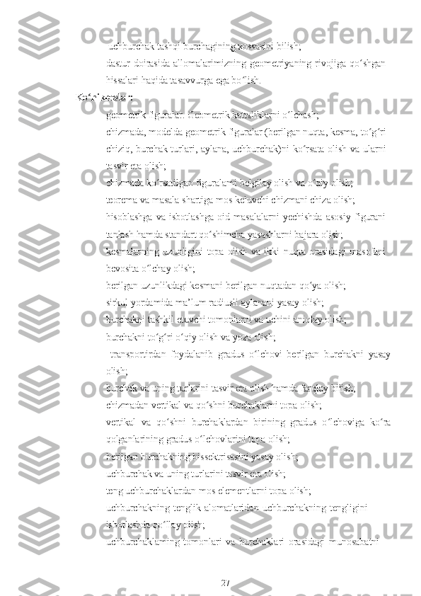 ♦  uchburchak tashqi burchagining xossasini bilish;
♦ dastur   doirasida   allomalarimizning  geometriyaning   rivojiga   qo shganʻ
hissalari haqida tasavvurga ega bo lish.	
ʻ
Ko nikmalar:	
ʻ
♦ geometrik figuralar. Geometrik kattaliklarni o lchash;	
ʻ
♦ chizmada, modelda geometrik figuralar (berilgan nuqta, kesma, to g ri	
ʻ ʻ
chiziq, burchak turlari, aylana, uchburchak)ni ko rsata olish va ularni	
ʻ
tasvir eta olish;
♦ chizmada ko rsatilgan figuralami belgilay olish va o qiy olish;	
ʻ ʻ
♦ teorema va masala shartiga mos keluvchi chizmani chiza olish;
♦ hisoblashga   va   isbotlashga   oid   masalalarni   yechishda   asosiy   figurani
tanlash hamda standart qo shimcha yasashlarni bajara olish;	
ʻ
♦ kesmalarning   uzunligini   topa   olish   va   ikki   nuqta   orasidagi   masofani
bevosita o lchay olish;	
ʻ
♦ berilgan uzunlikdagi kesmani berilgan nuqtadan qo ya olish;	
ʻ
♦ sirkul yordamida ma’lum radiusli aylanani yasay olish;
♦ burchakni tashkil etuvchi tomonlarni va uchini aniqlay olish;
♦ burchakni to g ri o qiy olish va yoza olish;	
ʻ ʻ ʻ
♦   transportirdan   foydalanib   gradus   o lchovi   berilgan   burchakni   yasay	
ʻ
olish;
♦ burchak va uning turlarini tasvir eta olish hamda farqlay bilish;
♦ chizmadan vertikal va qo shni burchaklarni topa olish;	
ʻ
♦ vertikal   va   qo shni   burchaklardan   birining   gradus   o lchoviga   ko ra	
ʻ ʻ ʻ
qolganlarining gradus o lchovlarini topa olish;	
ʻ
♦ berilgan burchakning bissektrisasini yasay olish;
♦ uchburchak va uning turlarini tasvir eta olish;
♦ teng uchburchaklardan mos elementlarni topa olish;
♦ uchburchakning   tenglik   alomatlaridan   uchburchakning   tengligini
isbotlashda qo llay olish;	
ʻ
♦ uchburchaklaming   tomonlari   va   burchaklari   orasidagi   munosabatni
27 