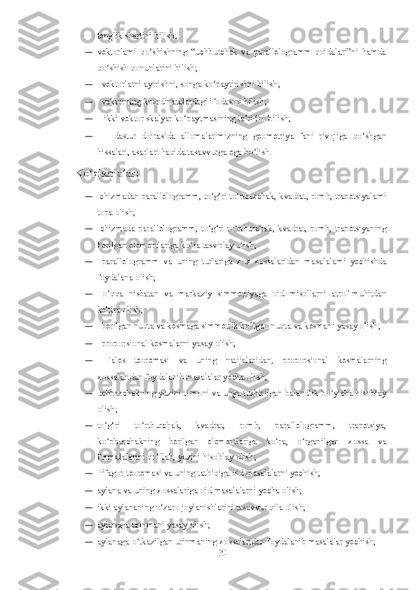 tenglik shartini bilish;
— vektorlami   qo shishning   “uchburchak   va   parallelogramm   qoidalari”ni   hamdaʻ
qo shish qonunlarini bilish;	
ʻ
—   vektorlarni ayirishni, songa ko paytirishni bilish;	
ʻ
—    vektorning koordinatalardagi ifodasini bilish;
—    ikki vektor skalyar ko paytmasining ta’rifini bilish;	
ʻ
—       dastur   doirasida   allomalarimizning   geometriya   fani   rivojiga   qo shgan	
ʻ
hissalari, asarlari haqida tasavvurga ega bo lish.	
ʻ
Ko ʻ nikmalar:
—  chizmadan parallelogramm, to g‘ri to rtburchak, kvadrat, romb, trapetsiyalami	
ʻ ʻ
topa olish;
—   chizmada parallelogramm, to g‘ri to rtburchak, kvadrat, romb, trapetsiyaning
ʻ ʻ
berilgan elementlariga ko ra tasvirlay olish;	
ʻ
—   parallelogramm   va   uning   turlariga   xos   xossalaridan   ma salalami   yechishda
foydalana olish;
—   o qqa   nisbatan   va   markaziy   simmetriyaga   oid   misollarni   atrof-muhitdan	
ʻ
keltira olish;
—   berilgan nuqta va kesmaga simmetrik bo ʻ lgan nuqta va kesmani yasay olish;
—    proporsional kesmalarni yasay olish;
—   Fales   teoremasi   va   uning   natijalaridan,   proporsional   kesmalarning
xossalaridan foydalanib masalalar yecha olish;
— uchburchakning yuzini tomoni va unga tushirilgan balandlik bo yicha hisoblay	
ʻ
olish;
— to g‘ri   to rtburchak,   kvadrat,   romb,   parallelogramm,   trapetsiya,	
ʻ ʻ
ko pburchakning   berilgan   elementlariga   ko ra,   o rganilgan   xossa   va
ʻ ʻ ʻ
formulalarini qo llab, yuzini hisoblay olish;	
ʻ
— Pifagor teoremasi va uning tatbiqiga oid masalalarni yechish;
— aylana va uning xossalariga oid masalalarni yecha olish;
— ikki aylananing o zaro joylanishlarini tasavvur qila olish;
ʻ
— aylanaga urinmani yasay olish;
— aylanaga o tkazilgan urinmaning xossalaridan foydalanib masalalar yechish;	
ʻ
30 