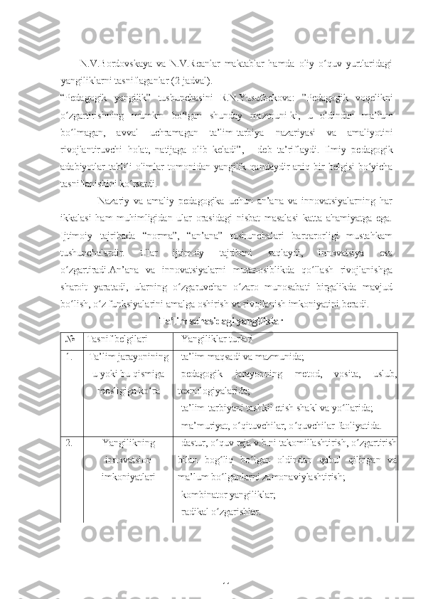N . V . Bordovskaya   va   N . V . Reanlar   maktablar   hamda   oliy   o ʻ quv   yurtlaridagi
yangiliklarni   tasniflaganlar  (2- jadval ).
“ Pedagogik   yangilik ”   tushunchasini   R . N . Yusufbekova :   ” Pedagogik   voqelikni
o ʻ zgartirishning   mumkin   bo ʻ lgan   shunday   mazmuni - ki ,   u   oldindan   ma ’ lum
bo ʻ lmagan ,   avval   uchramagan   ta ’ lim - tarbiya   nazariyasi   va   amaliyotini
rivojlantiruvchi   holat ,   natijaga   olib   keladi ”,   -   deb   ta ’ riflaydi .   Ilmiy   pedagogik
adabiyotlar   tahlili   olimlar   tomonidan   yangilik   qandaydir   aniq   bir   belgisi   bo ʻ yicha
tasniflanishini   ko ʻ rsatdi .
                  Nazariy   va   amaliy   pedagogika   uchun   an ’ ana   va   innovatsiyalarning   har
ikkalasi   ham   muhimligidan   ular   orasidagi   nisbat   masalasi   katta   ahamiyatga   ega .
Ijtimoiy   tajribada   “ norma ”,   “ an ’ ana ”   tushunchalari   barqarorligi   mustahkam
tushunchalardir .   Ular   ijtimoiy   tajribani   saqlaydi ,   innovatsiya   esa
o ʻ zgartiradi . An ’ ana   va   innovatsiyalarni   mutanosiblikda   qo ʻ llash   rivojlanishga
sharoit   yaratadi ,   ularning   o ʻ zgaruvchan   o ʻ zaro   munosabati   birgalikda   mavjud
bo ʻ lish ,  o ʻ z   funksiyalarini   amalga   oshirish   va   rivojlanish   imkoniyatini   beradi .
Ta’lim sohasidagi yangiliklar
№  Tasnif belgilari    Yangiliklar turlari
1. Ta’lim jarayonining
u yoki bu qismiga
mosligiga ko raʻ -ta’lim maqsadi va mazmunida;
-pedagogik   jarayonning   metod,   vosita,   uslub,
texnologiyalarida;
-ta’lim-tarbiyani tashkil etish shakl va yo ʻ llarida; 
-ma’muriyat, o ʻ qituvchilar, o ʻ quvchilar faoliyatida.
2. Yangilikning
innovatsion
imkoniyatlari - dastur ,  o ʻ quv   reja   v . b . ni   takomillashtirish ,  o ʻ zgartirish
bilan   bog ʻ liq   bo ʻ lgan   oldindan   qabul   qilingan   va
ma ’ lum   bo ʻ lganlarni   zamonaviylashtirish ; 
-kombinator yangiliklar;
-radikal o zgarishlar.	
ʻ
11 