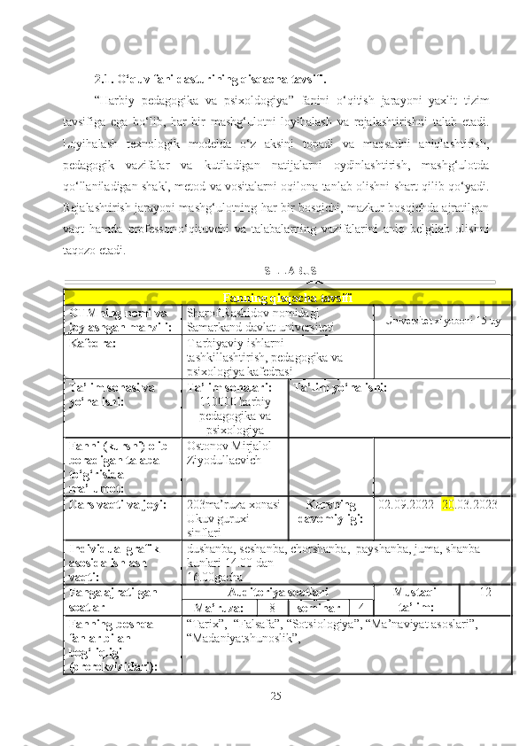 2.1. O‘quv fani dasturining qisqacha tavsifi.  
“ Harbiy   pedagogika   va   psixoldogiya ”   fanini   o‘qitish   jarayoni   yaxlit   tizim
tavsifiga   ega   bo‘lib,   har   bir   mashg‘ulotni   loyihalash   va   rejalashtirishni   talab   etadi.
Loyihalash   texnologik   modelda   o‘z   aksini   topadi   va   maqsadni   aniqlashtirish,
pedagogik   vazifalar   va   kutiladigan   natijalarni   oydinlashtirish,   mashg‘ulotda
qo‘llaniladigan shakl, metod va vositalarni oqilona tanlab olishni shart qilib qo‘yadi.
Rejalashtirish jarayoni mashg‘ulotning har bir bosqichi, mazkur bosqichda ajratilgan
vaqt   hamda   professor-o‘qituvchi   va   talabalarning   vazifalarini   aniq   belgilab   olishni
taqozo etadi. 
SILLABUSI
Fanning qisqacha tavsifi
OTMning nomi va 
joylashgan manzili: Sharof Rashidov nomidagi 
Samarkand davlat universiteti Universitet xiyoboni-15 uy
Kafedra: T arbiyaviy ishlarni 
tashkillashtirish, pedagogika va 
psixologiya kafedrasi
Ta’lim sohasi va 
yo‘nalishi: Ta’lim sohalari: 
110000 harbiy
pedagogika va
psixologiya Ta’lim yo‘nalishi:
Fanni (kursni) olib 
boradigan talaba  
to‘g‘risida 
ma’lumot:  Ostonov Mirjalol 
Ziyodullaevich
Dars vaqti va joyi: 203ma’ruza xonasi
Ukuv guruxi 
sinflari Kursning
davomiyligi: 02.09.2022 - 20 .03.2023
Individual grafik 
asosida ishlash 
vaqti:  dushanba, seshanba, chorshanba,  payshanba, juma, shanba  
kunlari 14.00 dan 
16.00gacha
Fanga ajratilgan 
soatlar Auditoriya soatlari Mustaqil
ta’lim: 12
Ma’ruza: 8 seminar 4
Fanning boshqa 
fanlar bilan 
bog‘liqligi 
(prerekvizitlari): “Tarix”,  “Falsafa”, “Sotsiologiya”, “Ma’naviyat asoslari”, 
“Madaniyatshunoslik”, 
25 