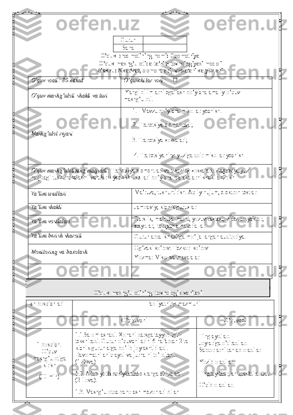 Guruh              
Sana
O’quv predmetining nomi: Geometriya 
O’ quv m а shg’ul о tid а  t а ’lim t ех n о l о giyasi m о d е li
Mavzu:  Kvadrat, elementlari, xossalari va yuzlari
O‘quv soati:   80 - minut O‘quvchilar soni:        12
O‘quv mashg‘uloti shakli va turi   Yangi bilimlarni egallash bo‘yicha amaliy o‘ quv 
mashg‘ulot i.
M ashg‘ulot rejasi 1. Mavzu bo’yicha misollar yechish.
         2. Trapetsiya elementlari ;
       3.  Trapetsiya xossalari;
       4 .  Trapetsiyaning yuzi ga doir misollar yechish
O’quv mashg’ulotining maqsadi:  Trapetsiya elementlari va ularning xossalari.  Trapetsiya yuzi 
haqidagi  tushunchalarini va ularni yechish usullari bo’yicha malakalarni shakllantirish
Ta’lim usullari Ma’ruza, tushuntirish. Aqliy hujum, elektron testlar  
Ta’lim  shakli Jamoaviy, kichik guruxlar
Ta’lim  vositalari Darslik, ma’ruza matni, yozuv taxtasi, videoproyektor, 
slaydlar,  tarqatma materiallar.
Ta’lim berish  sharoiti
Guruhlarda ishlashga mo‘ljallangan auditoriya.
Monitoring va baxolash O g’ zaki s o’rov: Tezkor-  s o’rov
Yozma: Misol va masalalar
O‘quv mashg‘ulotining   texnologik xaritasi 
Ish bosqichlari Faoliyatning mazmuni
O‘qituvchi O‘quvchi
1-bosqich.
O’quv
mashg’ulotiga
kirish
(10  min ) 1.1. Salomlashadi. Xonani darsga tayyorligini 
tekshiradi. Guruh o’quvchilarini 6 nafardan 2 ta 
kichik guruhlarga bo’lib joylashtiriladi. 
Davomatni aniqlaydi va jurnalni to’ldiradi.
(1-ilova)
1.2.  Adabiyotlar ro’yhatini ekranga chiqaradi.   
(2-ilova).
1.3.  Ma shg’ulotda baholash mezonlari bilan  Tinglaydilar.  
Joylariga o’tiradilar. 
Sardorlarni tanlab oladilar
Yozib oladilar.
Tinglaydilar, aniqlashtiradilar
O’qib oladilar.  