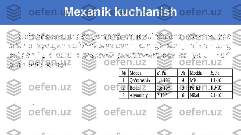 Mexanik kuchlanish
      Deformatsiyalangan jismning birlik ko‘ndalang kesim yuziga 
ta’sir  qilayotgan  deformatsiyalovchi  kuchga  son  jihatidan  teng 
bo‘lgan  fizik  kattalik  mexanik  kuchlanish  deyiladi  va  u      harfi 
bilan belgilanadi. 
                 
                 
     ;       ;     