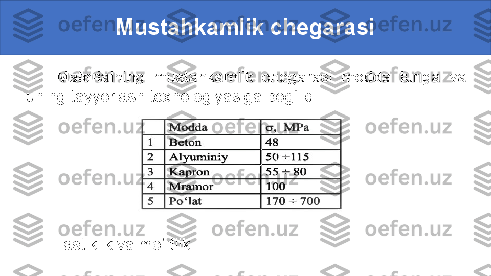 Mustahkamlik chegarasi
        Materialning  mustahkamlik  chegarasi  modda  turiga  va 
uning tayyorlash texnologiyasiga bog‘liq.
      Elastiklik va mo‘rtlik. 