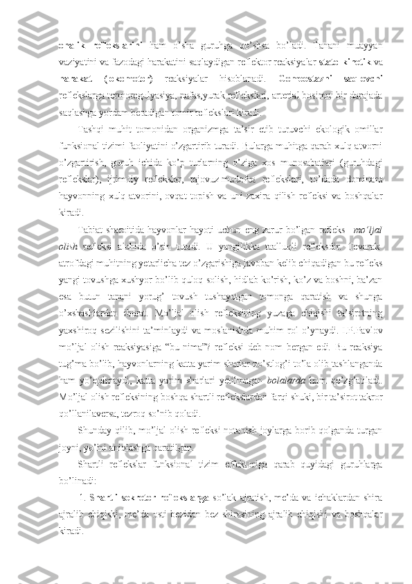 onalik   reflekslarini   ham   o’sha   guruhga   qo’shsa   bo’ladi.   Tanani   muayyan
vaziyatini va fazodagi harakatini saqlaydigan reflektor reaksiyalar  stato-kinetik  va
harakat   (lokomotor)   reaksiyalar   hisoblanadi.   Gomeostazni   saqlovchi
reflekslarga termoregulyasiya, nafas,yurak reflekslari, arterial bosimni bir darajada
saqlashga yordam beradigan tomir reflekslari kiradi.
Tashqi   muhit   tomonidan   organizmga   ta’sir   etib   turuvchi   ekologik   omillar
funksional tizimi faoliyatini o’zgartirib turadi. Bularga muhitga qarab xulq-atvorni
o’zgartirish,   guruh   ichida   ko’p   turlarning   o’ziga   xos   munosabatlari   (guruhdagi
reflekslar),   ijtimoiy   reflekslar,   tajovuz-mudofaa   reflekslari,   to’dada   dominant
hayvonning   xulq-atvorini,   ovqat   topish   va   uni   zaxira   qilish   refleksi   va   boshqalar
kiradi.
Tabiat   sharoitida   hayvonlar   hayoti   uchun   eng   zarur   bo’lgan   refleks   – mo’ljal
olish   refleksi   alohida   o’rin   tutadi.   U   yangilikka   taalluqli   refleksdir.   Tevarak-
atrofdagi muhitning yetarlicha tez o’zgarishiga javoban kelib chiqadigan bu refleks
yangi tovushga xushyor bo’lib quloq solish, hidlab ko’rish, ko’z va boshni, ba’zan
esa   butun   tanani   yorug’   tovush   tushayotgan   tomonga   qaratish   va   shunga
o’xshashlardan   iborat.   Mo’ljal   olish   refleksining   yuzaga   chiqishi   ta’sirotning
yaxshiroq   sezilishini   ta’minlaydi   va   moslanishda   muhim   rol   o’ynaydi.   I.P.Pavlov
mo’ljal   olish   reaksiyasiga   “bu   nima”?   refleksi   deb   nom   bergan   edi.   Bu   reaksiya
tug’ma bo’lib, hayvonlarning katta yarim sharlar po’stlog’i to’la olib tashlanganda
ham   yo’qolmaydi,   katta   yarim   sharlari   yetilmagan   bolalarda   ham   qo’zg’atiladi.
Mo’ljal olish refleksining boshqa shartli reflekslardan farqi shuki, bir ta’sirot takror
qo’llanilaversa, tezroq so’nib qoladi. 
Shunday qilib, mo’ljal olish refleksi-notanish joylarga borib qolganda turgan
joyni, yo’lni aniqlashga qaratilgan.    
Shartli   reflekslar   funksional   tizim   effektoriga   qarab   quyidagi   guruhlarga
bo’linadi:
1.   Shartli   sekretor   reflekslarga   so’lak   ajratish,   me’da   va   ichaklardan   shira
ajralib   chiqishi,   me’da   osti   bezidan   bez   shirasining   ajralib   chiqishi   va   boshqalar
kiradi. 