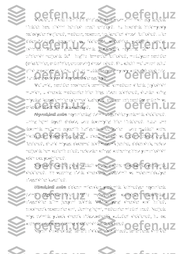 Masalan, 2-3 soat oldin o’qib chiqilgan lcitob mazmunini inson qay darajada
ifodalab   bera   olishini   baholash   orqali   aniqlaydi.   Bu   bosqichda   biokimyoviy
realcsiyalar rivojlanadi, mediator, retseptor, ion kanallari sintezi faollashadi. Ular
elektrofiziologik   jarayonlar   va   ikkilamchi   vostachilar   yordamida   amalga
oshiriladi.   Xususan   glutamat   ta'sirida   postsinaptik   neyronda   Ca 2,
  ion   lari
to’planishi   natijasida   Ca 2
  -   bog’liq   fermentlar   faollashadi,   modulyator   peptidlar
(enkefalinlar, endorfirilar, antotenzin) sintezi oshadi. Shu sababli ma'lumotni qabul
qilish mexanizmiga ko’ra, ushbuni muddatli neyroqimyoviy xotira deb atash joiz.
Bunda eng asosiy rolni neyropeptidlar egallaydi.
Ma'lumki,   peptidlar   presinaptik   terminalda   komediator   sifatida   joylashishi
mumkin,   u   sinapsda   mediatorlar   bilan   birga   o’zaro   ta'sirlanadi,   shundan   so’ng
miyadagi katexolaminlar aylanmasi kuchayadi. endogen opit peptidlar-endorfm va
enkefalinlar xotirani mustaxkamlaydi,
Neyrotizimli xotira  neyronlardagi tizimli o’zgarishlar yordamida shakllanadi.
Uning   hajmi   deyarli   cheksiz,   uzoq   davomiyligi   bilan   ifodalanadi.   Butun   umr
davomida   ma'lumot   qaytarilib   burilganda   soat,   kunlar   -   uzoq   muddatli   xotira
hisoblanadi.   Mexanizmiga   ko’ra   u   qisqa,   muddatli   va   oraliq   xotiradan   ancha
farqlanadi,   chunki   miyaga   ekstremal   ta'sir   mexanik   jarohat,   elektroshok,   narkoz
natijasida ham saqlanib qoladi; narkozdan so’nggi xotiraning biroz yomonlashishi
sekin-asta yaxshilanadi.
Neyrotizimli  xotira qisqa muddatli va oraliq xotira mexanizmlari yordamida
shakllanadi.   Bir   vaqtning   o’zida   sinapslarda   ultratizimli   va   makromolekulyar
o’zgarish1ar kuzati1adi.
Ultratizimli   xotira   elektron   mikroskop   yordamida   ko'rinadigan   neyronlarda
tizimli   o’zgarishlar   bilan   bog’liq   ma'lumotlarni   saqlashdir.   Sinapslardagi
o’zgarishlar   ta'lim   jarayoni   ta'sirida   MATda   yangi   sinapslar   xosil   bo'ladi,
postsinaptik retseptorlar soni, ularning hajmi, mediatorlar miqdori ortadi. Natijada
miya   tizimida   yuksak   sinaptik   o’tkazuvchanlik   xududlari   shakllanadi,   bu   esa
xotiraning engrammalarining shakllanishidan darak beradi.
Neyron   shoxchasidagi   dendrit   o’siklari   o’sib   chiqadi,   dendritlarda   shipiklar 